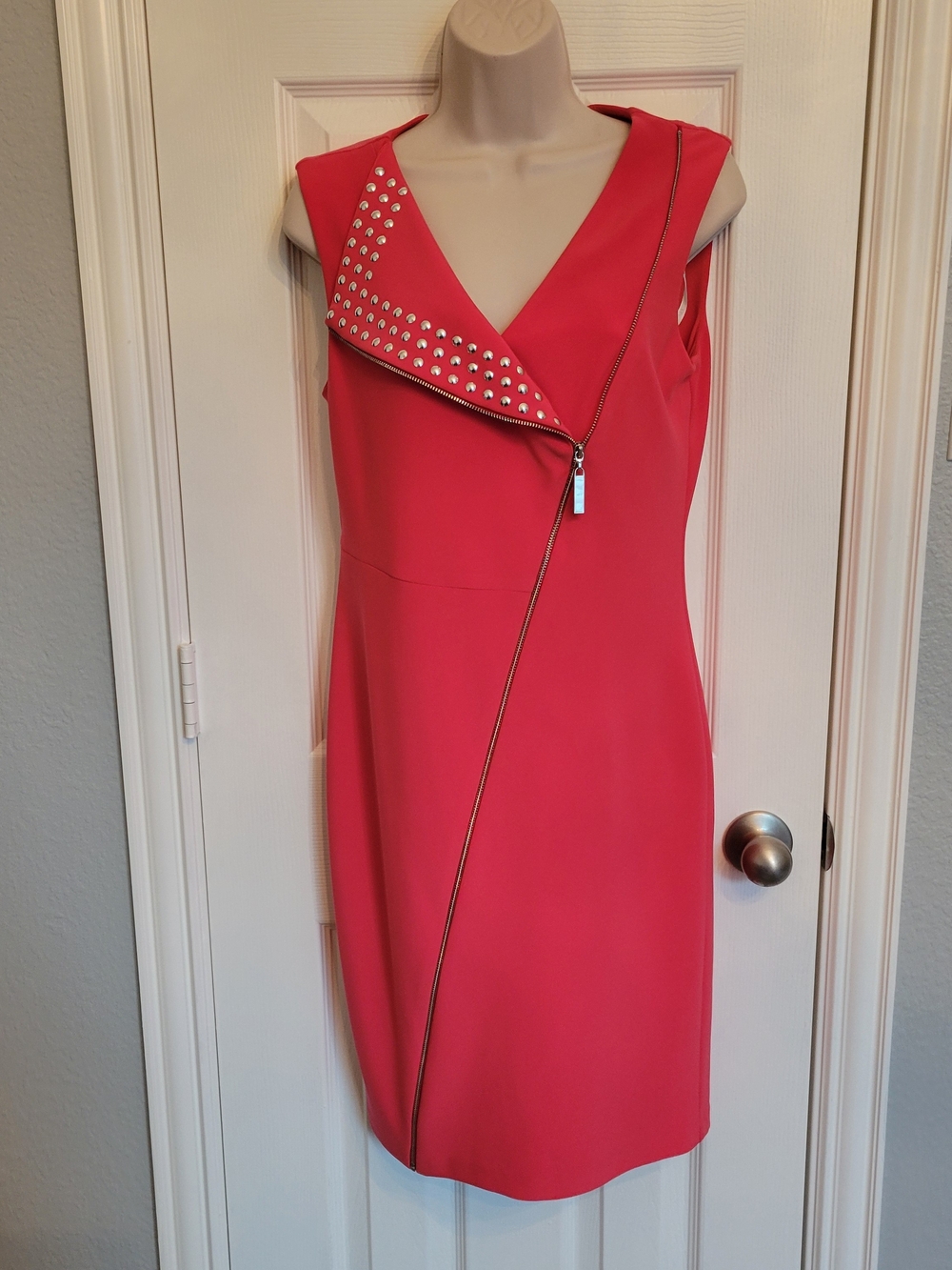 Frank Lyman Design Coral-Red Studded Asymmetrical Sheath Dress